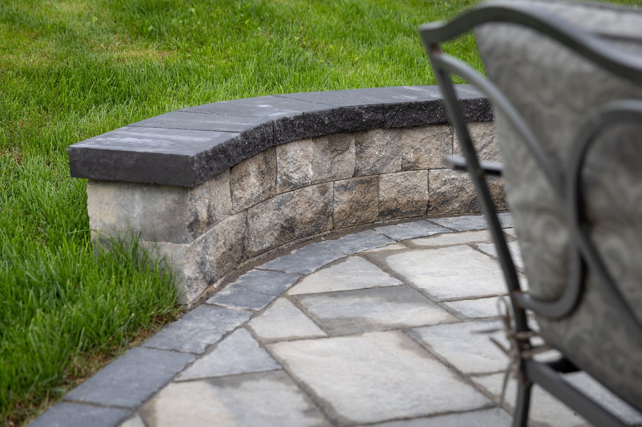 Close up view of a small stone retaining wall