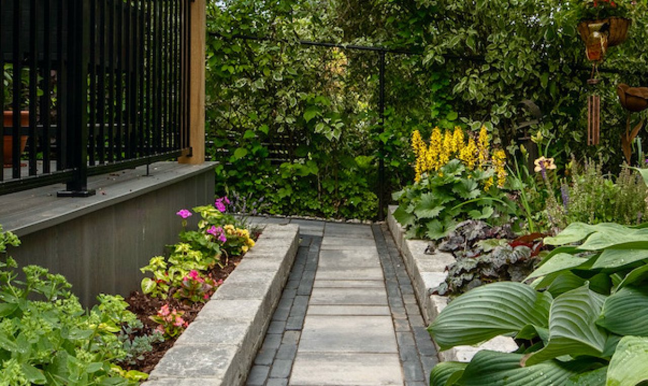 Close up of residential backyard with stone paver pathway